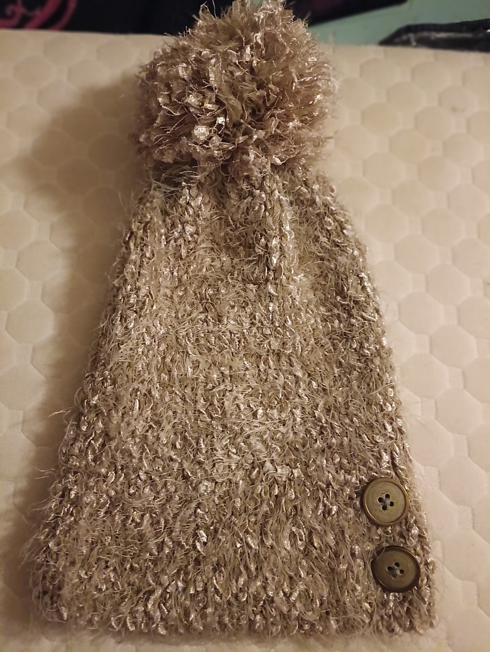 3\$10 Simply Noelle Women's Fuzzy Pom-Pom Beanie \Taupe with Button Detail NWOT